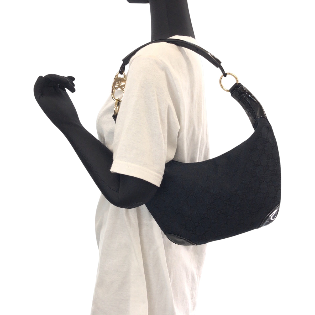 GUCCI Shoulder Bag 001 4158 GG canvas, enamel Black GoldMetal Hobo One Shoulder Bag Women Used