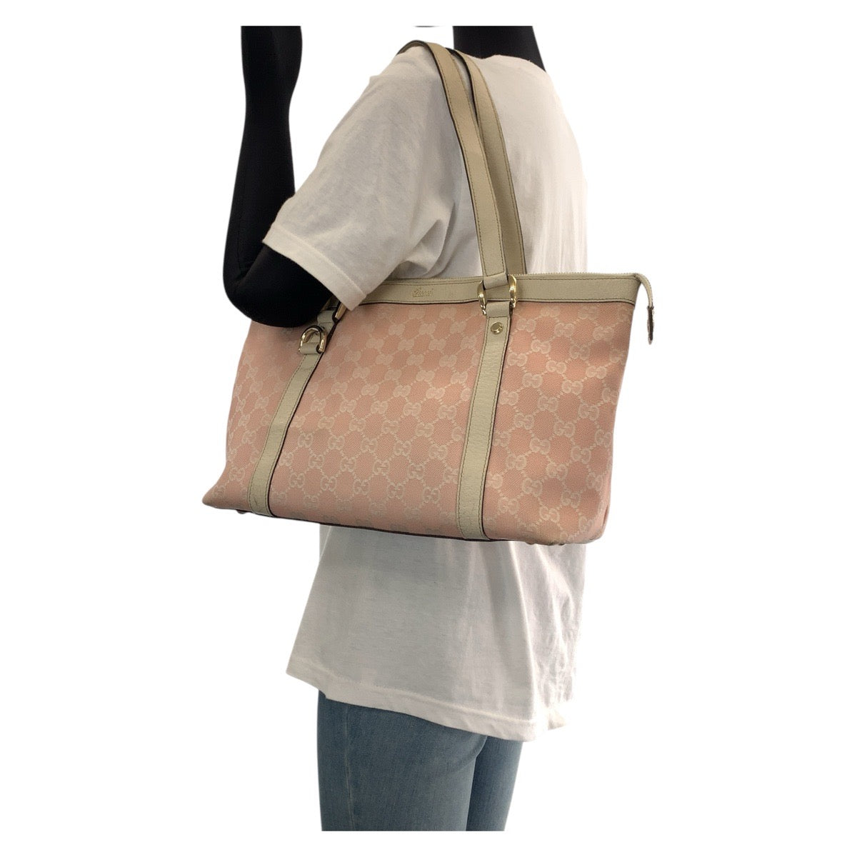 GUCCI Tote Bag 141470 GG canvas, leather Pink White Gold Metal Tote Bag Shoulder Bag Women Used