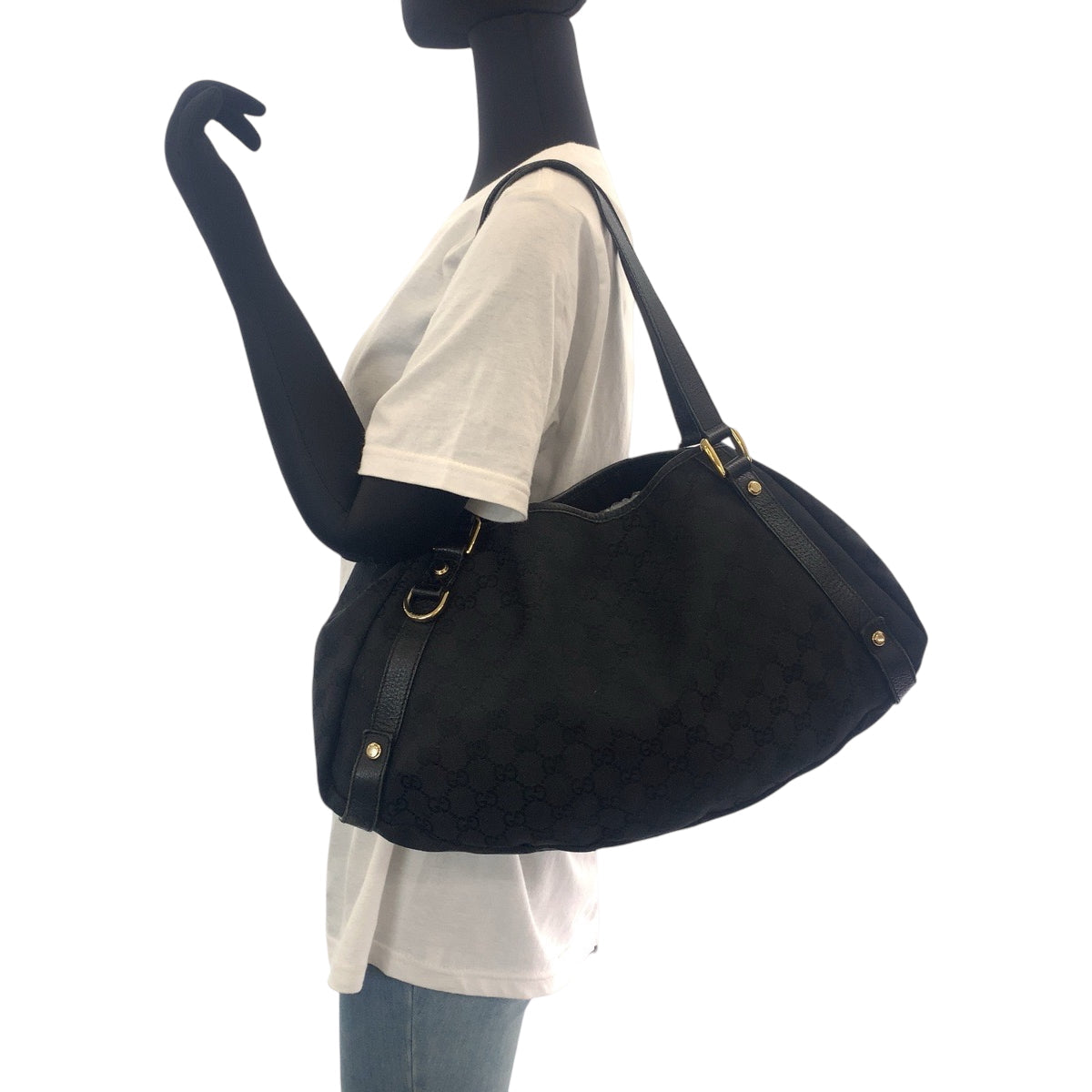 GUCCI Tote Bag 130736 GG canvas Black GoldMetal Tote Bag Shoulder Bag Women Used