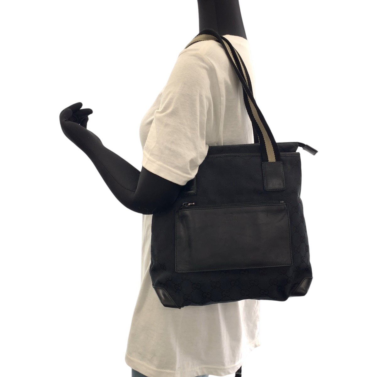 GUCCI Tote Bag 019 0402 GG canvas Black Beige SilverMetal Tote Bag Shoulder Bag Women Used