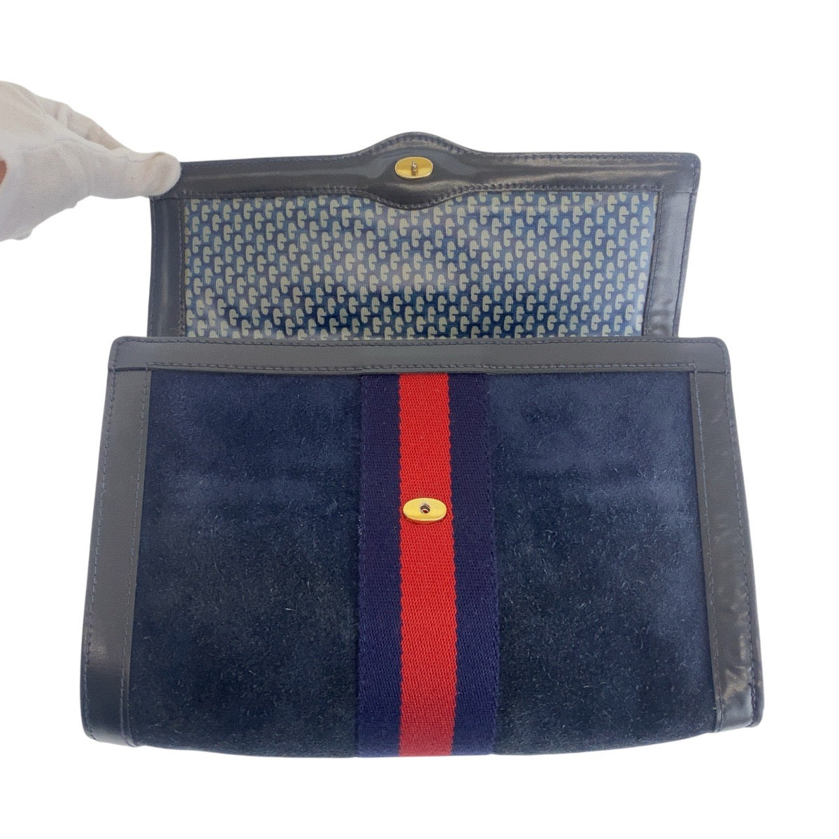 GUCCI Clutch bag Suede, Leather Navy Gold Metal Sherry line Women Used