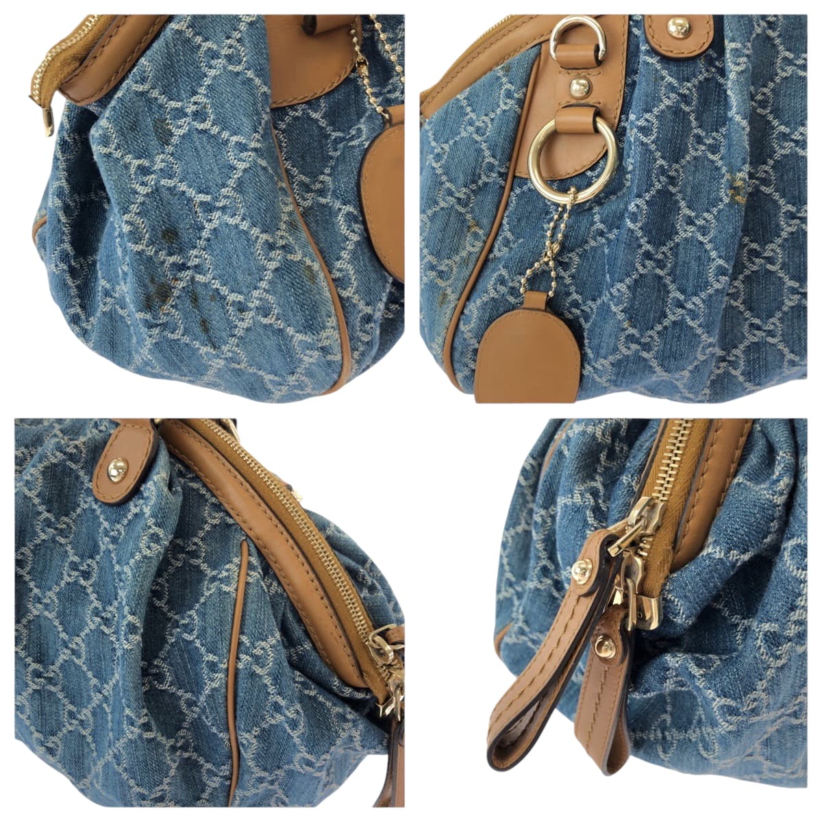 GUCCI Handbag denim Blue Brown Gold Metal Handbag Tote Bag Shoulder Bag Sukey Women Used