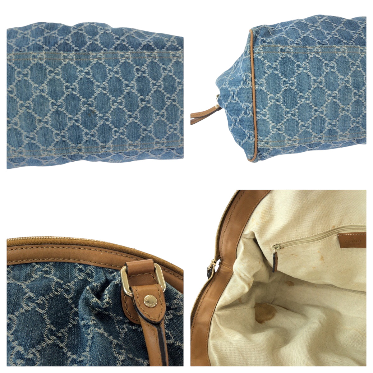 GUCCI Handbag denim Blue Brown Gold Metal Handbag Tote Bag Shoulder Bag Sukey Women Used