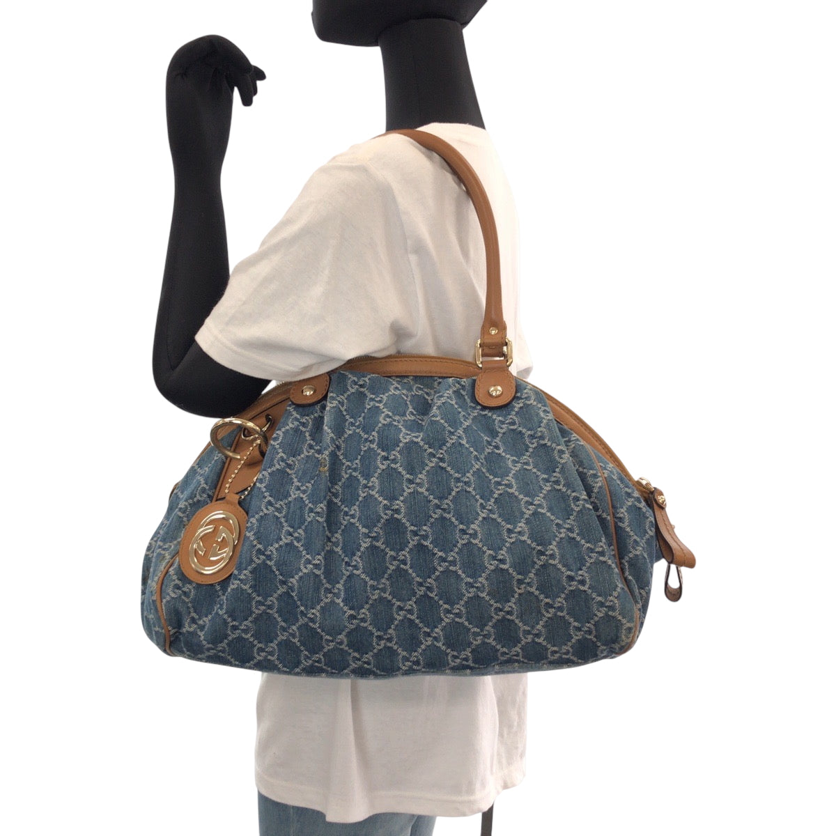 GUCCI Handbag denim Blue Brown Gold Metal Handbag Tote Bag Shoulder Bag Sukey Women Used