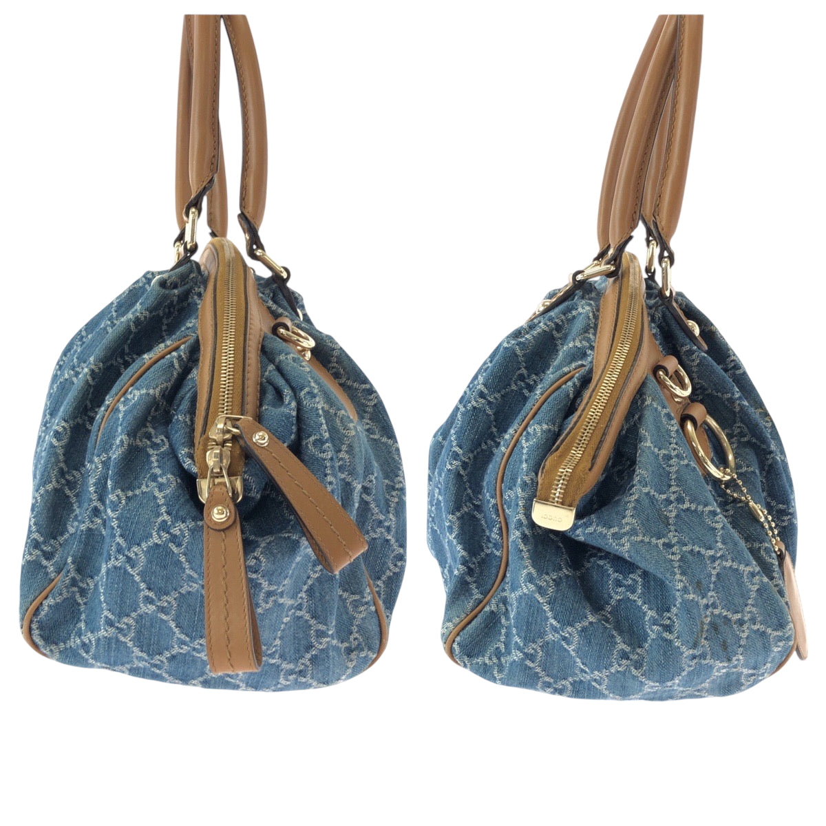 GUCCI Handbag denim Blue Brown Gold Metal Handbag Tote Bag Shoulder Bag Sukey Women Used