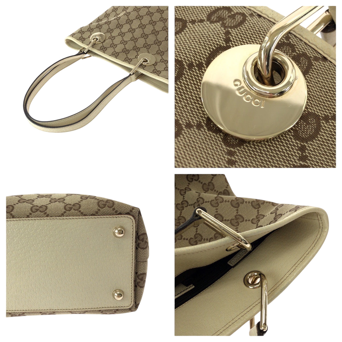 GUCCI Tote Bag 120840 GG canvas Brown Ivory Gold Metal Tote Bag Shoulder Bag Women Used
