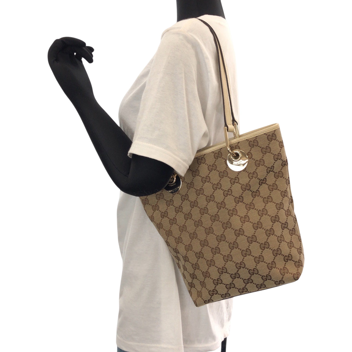 GUCCI Tote Bag 120840 GG canvas Brown Ivory Gold Metal Tote Bag Shoulder Bag Women Used