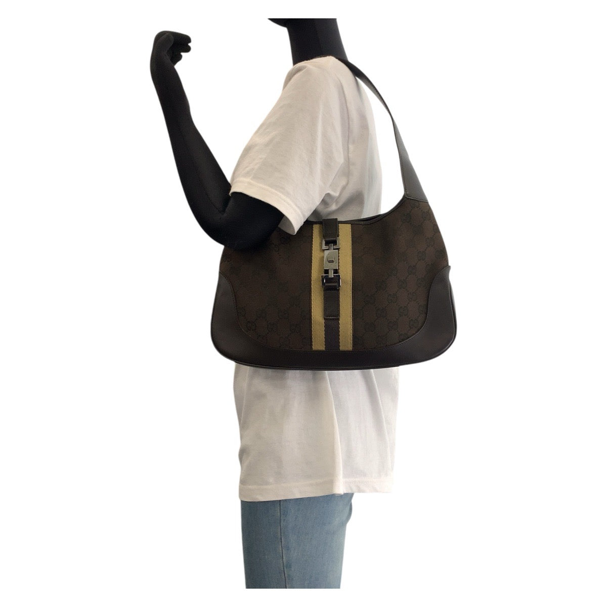 GUCCI Shoulder Bag 00963 GG canvas, leather Brown Silver Metal Shelly Line Jackie Women Used