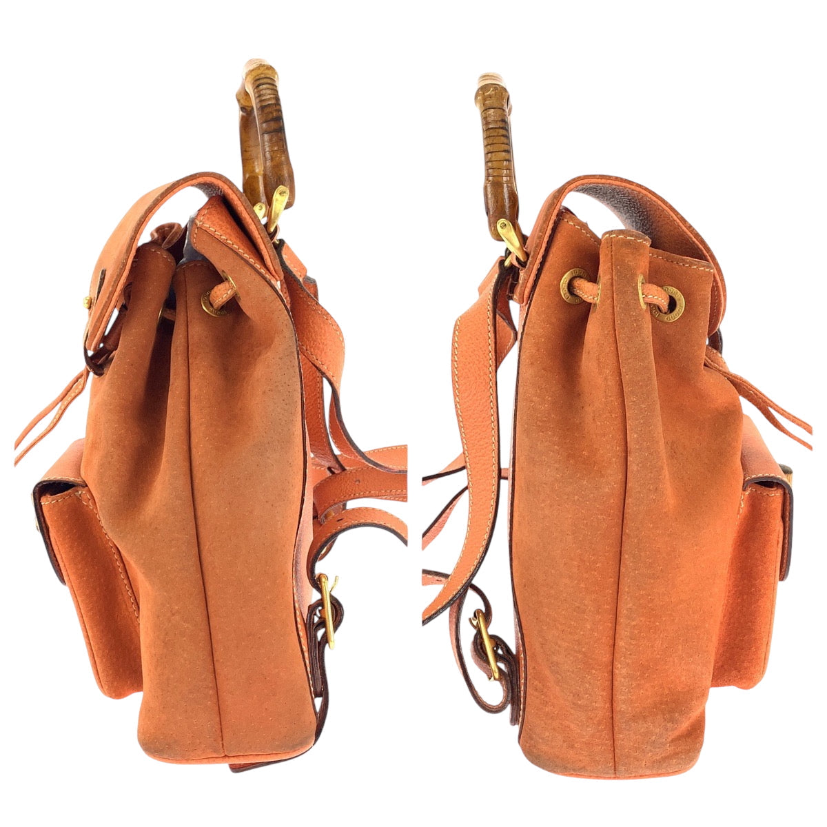 GUCCI Backpack 003 3444 0030 Suede Orange Brown Gold Metal Backpack Backpack Bamboo Women Used