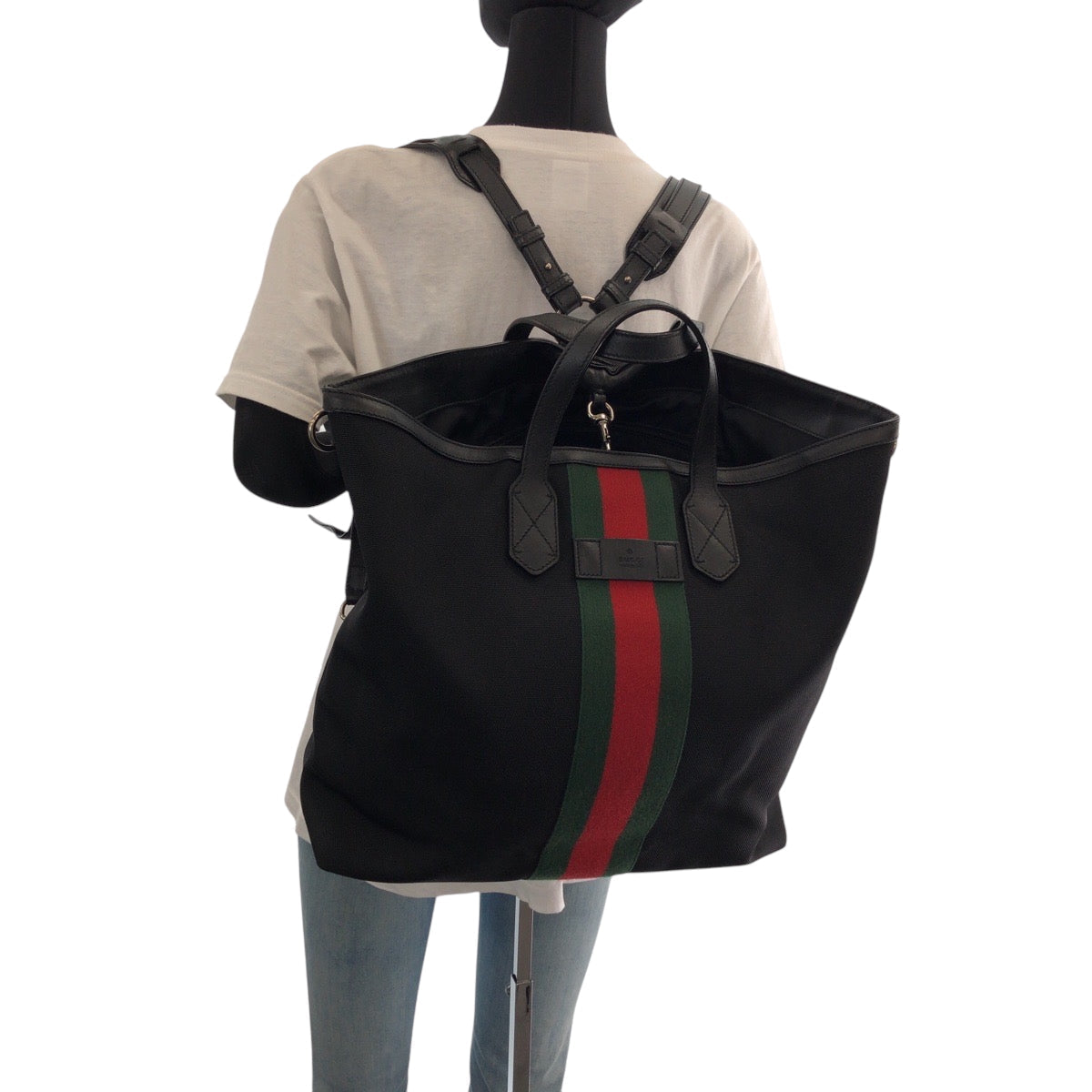 GUCCI Backpack 387105 canvas Black red green Backpack Tote Bag 2way Sherry line mens Used