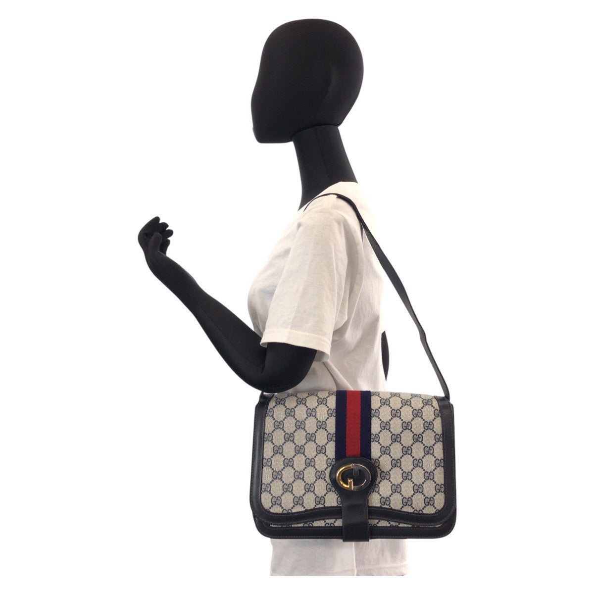 GUCCI Shoulder Bag GG Supreme canvas, leather Gray navy Sherry Line Old Gucci Women Used
