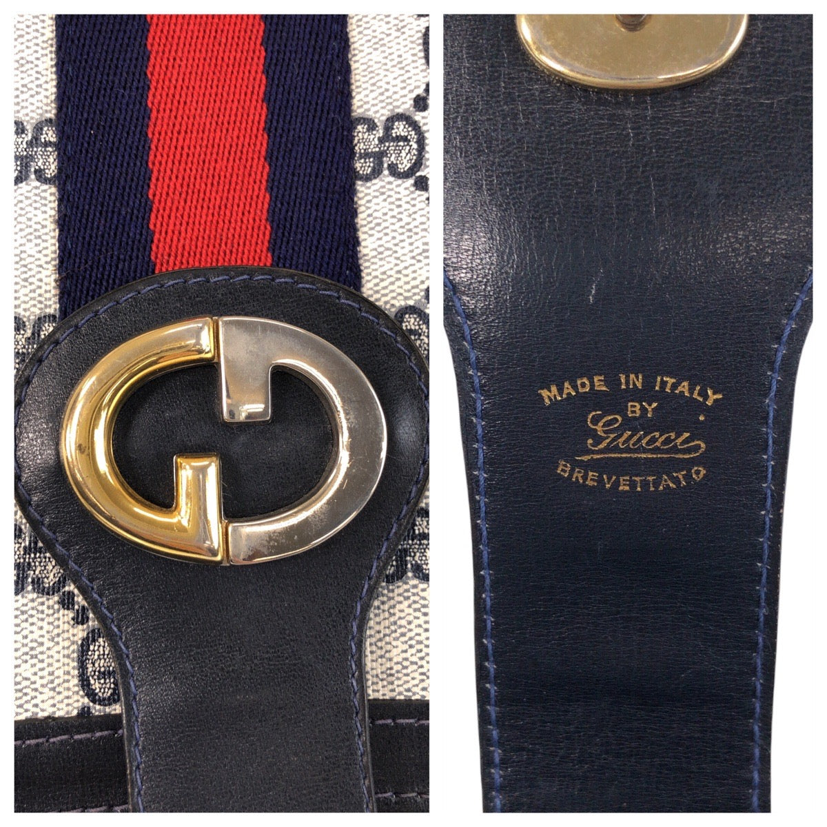 GUCCI Shoulder Bag GG Supreme canvas, leather Gray navy Sherry Line Old Gucci Women Used
