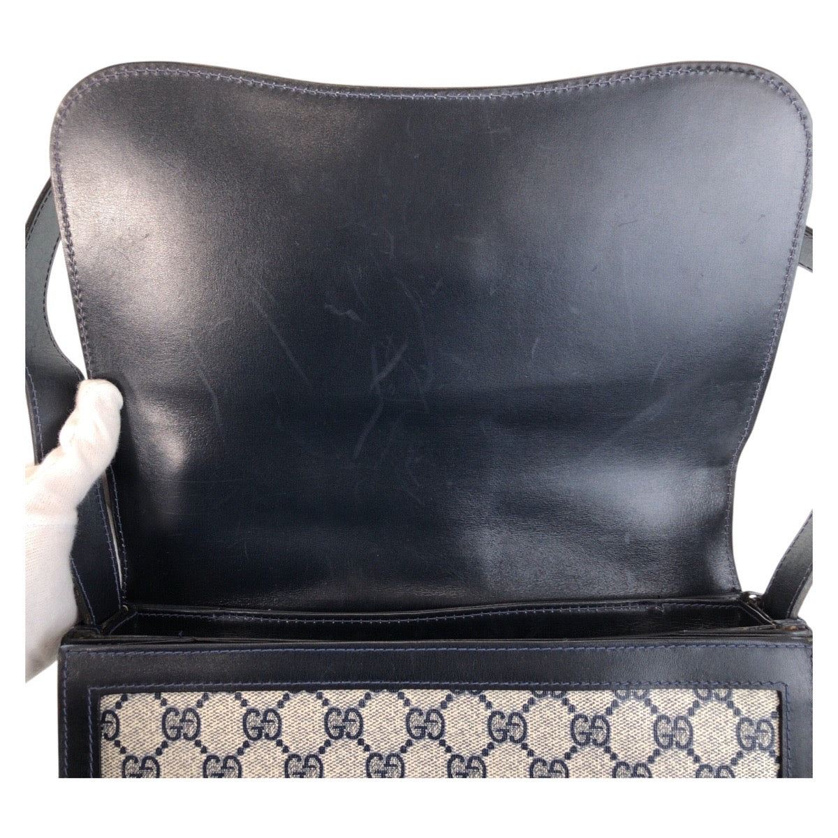 GUCCI Shoulder Bag GG Supreme canvas, leather Gray navy Sherry Line Old Gucci Women Used
