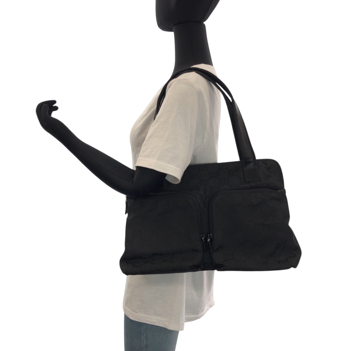 GUCCI Tote Bag 001 3705 Nylon, Leather Black Silver Metal Tote Bag Handbag Shoulder Bag Women Used