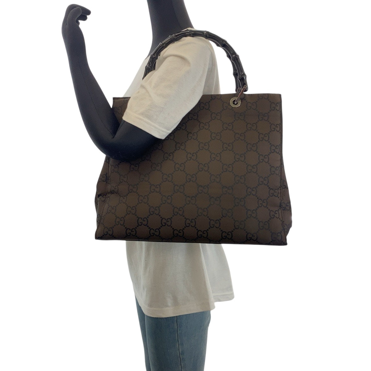 GUCCI Tote Bag 002 1010 GG canvas Brown Black SilverMetal Tote Bag handbag Bamboo Women Used