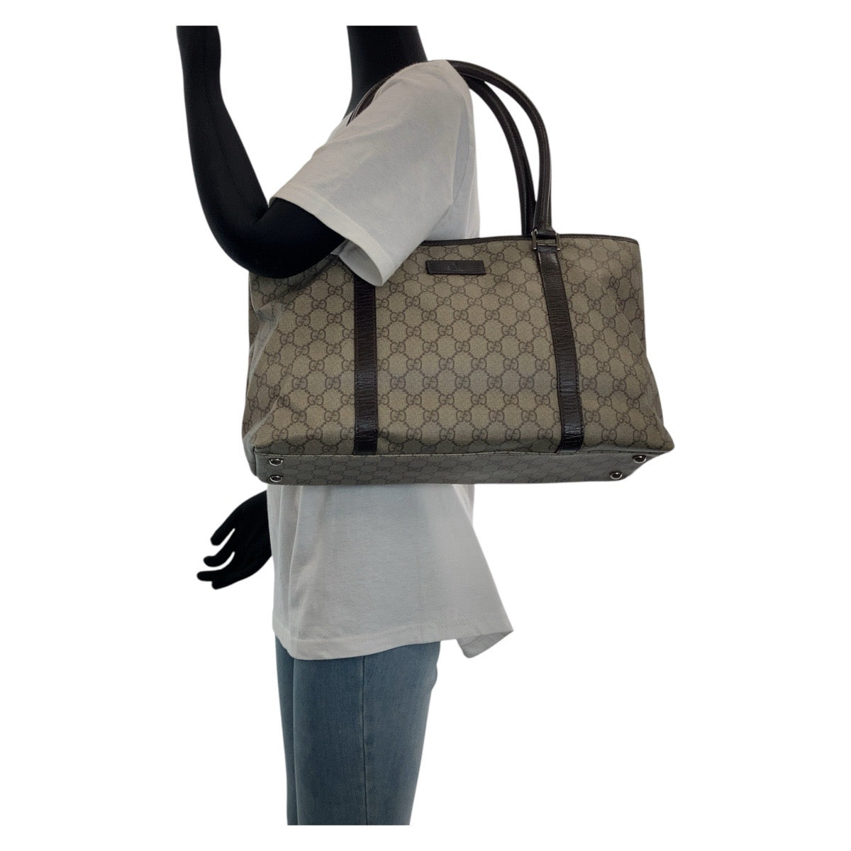 GUCCI Tote Bag 114595 GG Supreme canvas, leather Brown Gray SilverMetal Tote Bag Shoulder Bag Women Used