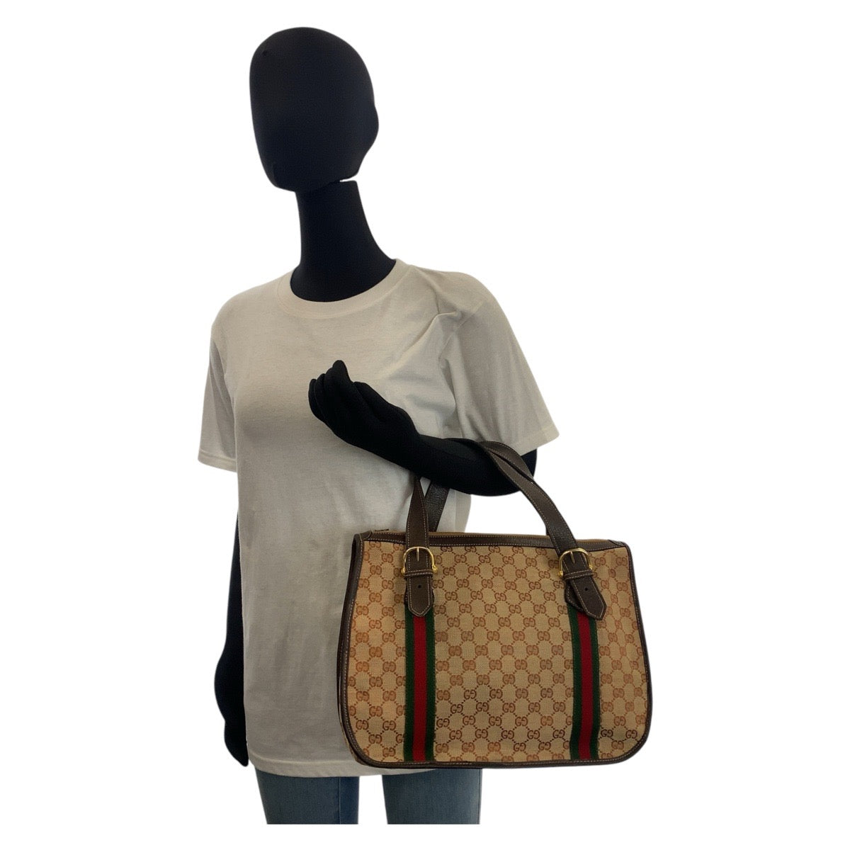 GUCCI Handbag GG canvas, leather Beige Brown Gold Metal Sherry Line Old Gucci Women Used