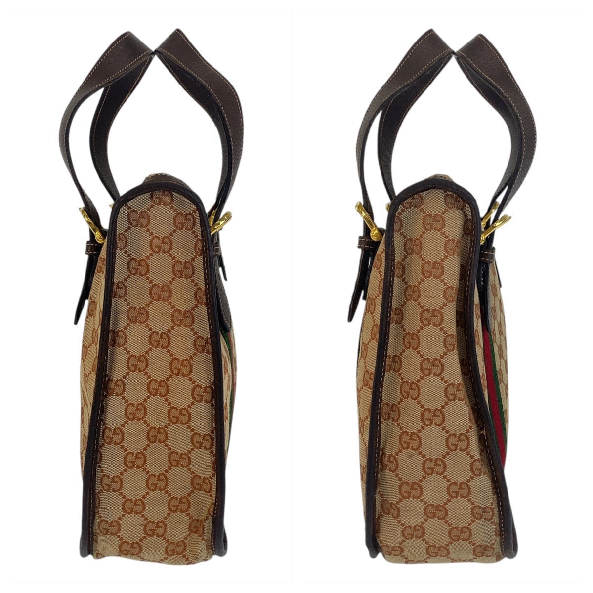 GUCCI Handbag GG canvas, leather Beige Brown Gold Metal Sherry Line Old Gucci Women Used