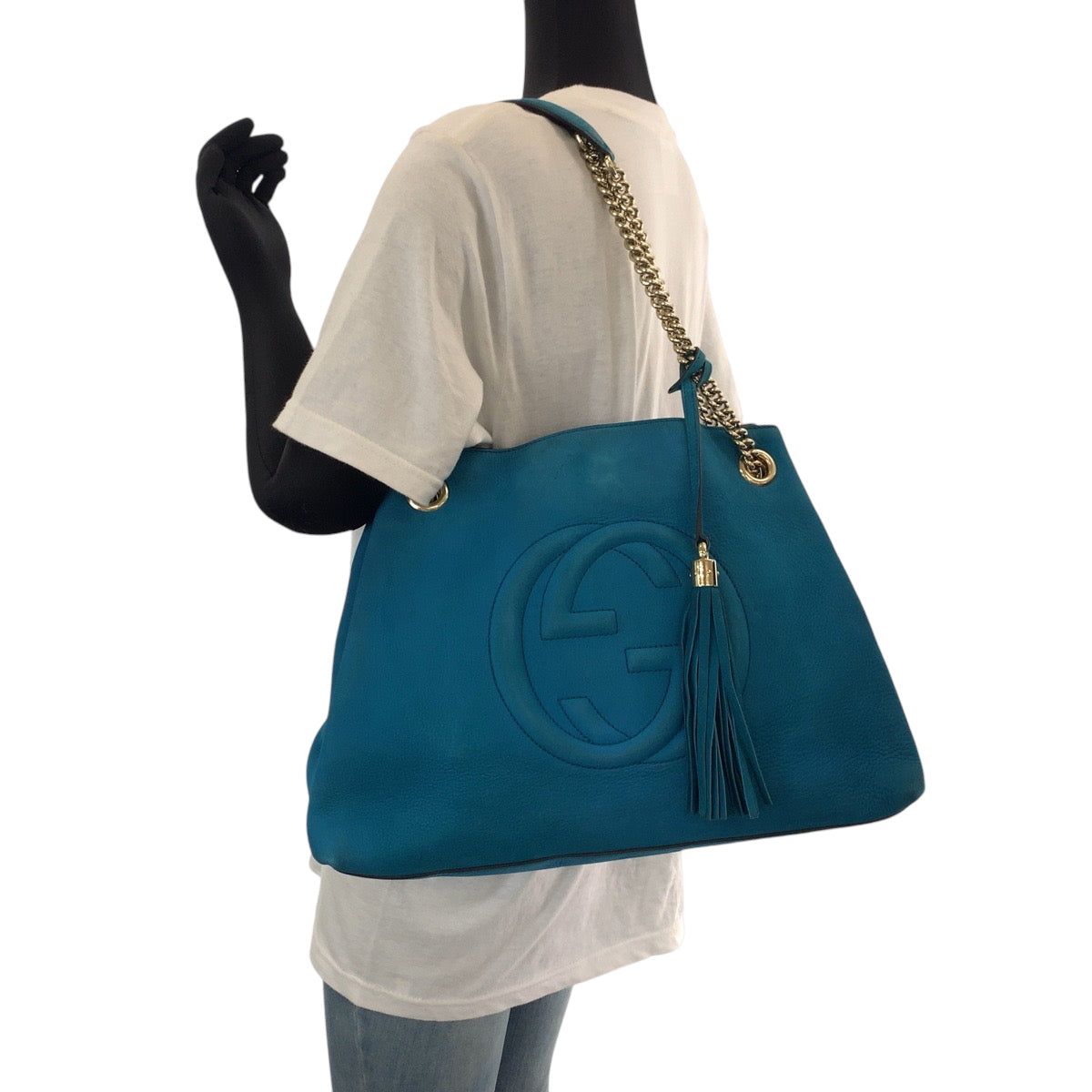 GUCCI Tote Bag 308982 leather blue ChainTote Bag Shoulder Bag Soho Women Used
