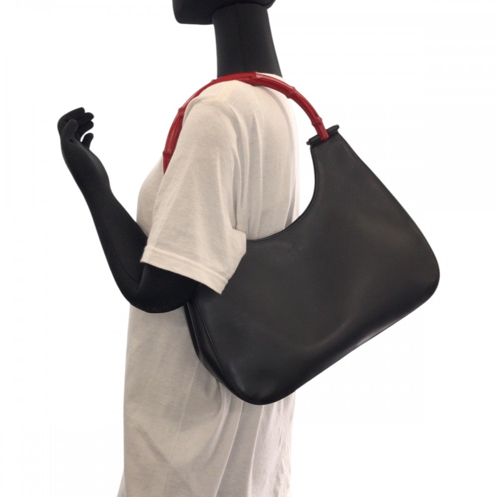 GUCCI Shoulder Bag 001 3739 leather Black black red One Shoulder Bag Bamboo Women Used