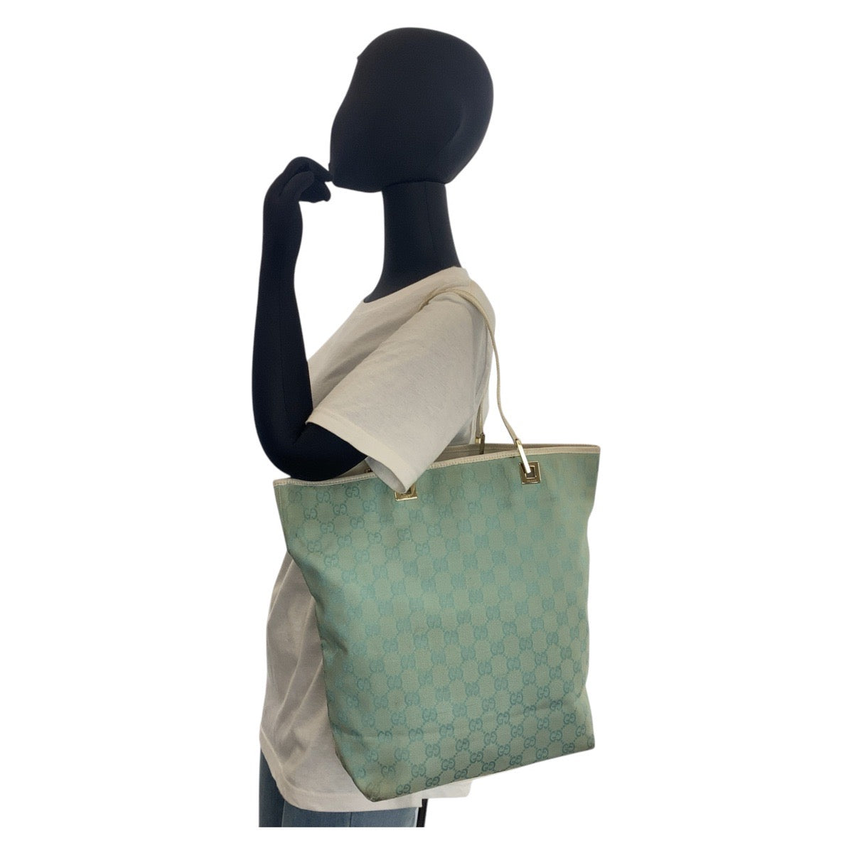 GUCCI Tote Bag 002 1098 GG canvas, leather Mint Green Gold Metal Tote Bag Shoulder Bag Women Used