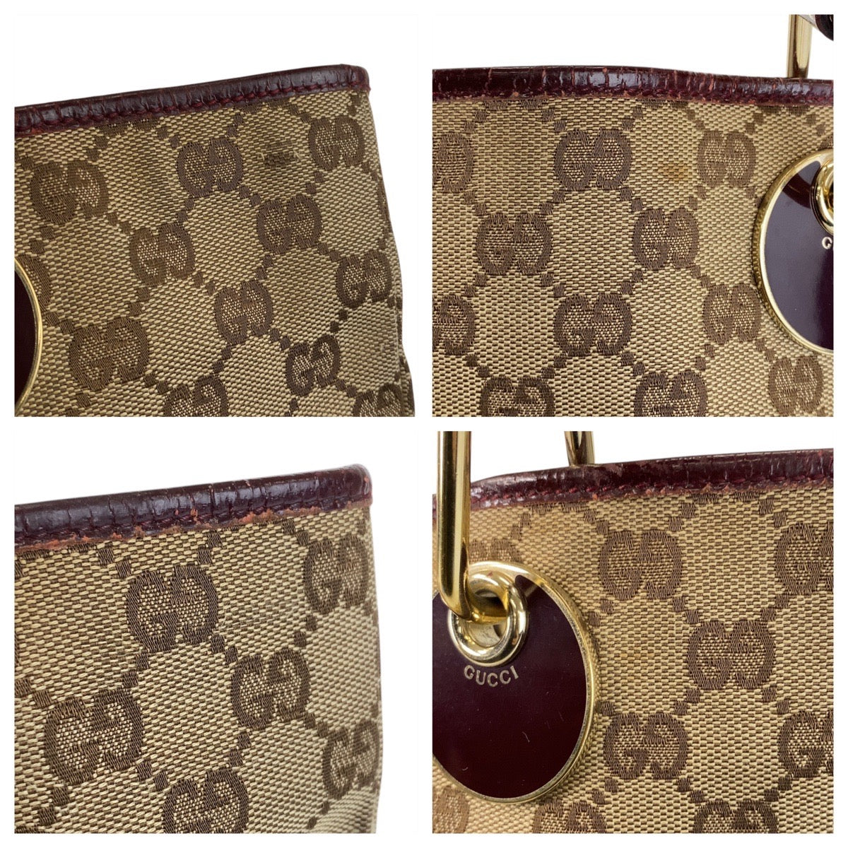 GUCCI Tote Bag 120836 GG canvas, leather Beige Wine Red Gold Metal Tote Bag Shoulder Bag Women Used