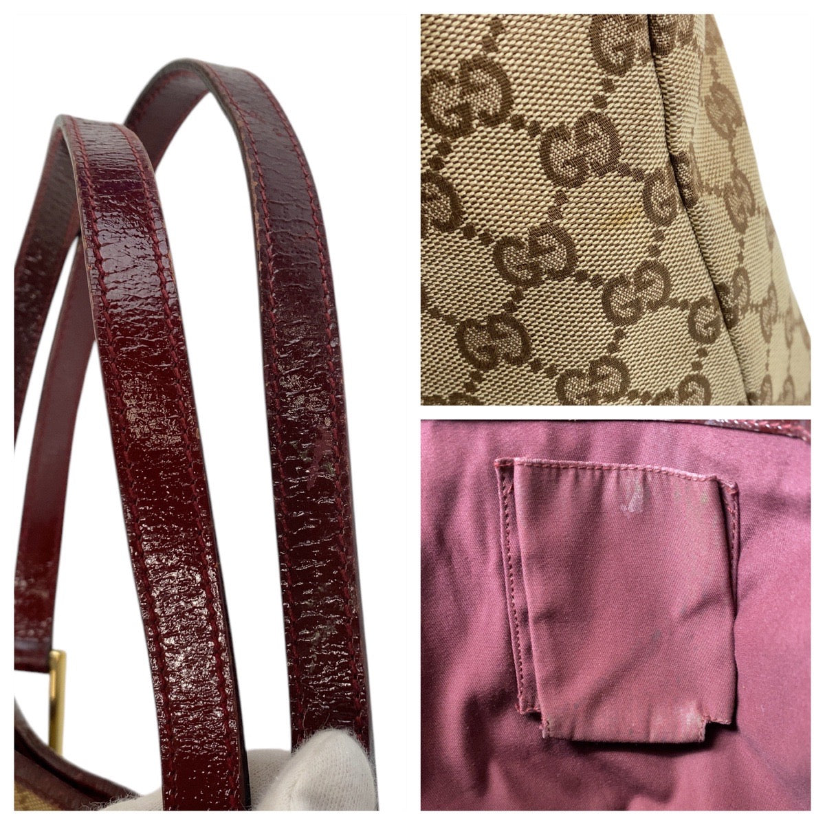 GUCCI Tote Bag 120836 GG canvas, leather Beige Wine Red Gold Metal Tote Bag Shoulder Bag Women Used