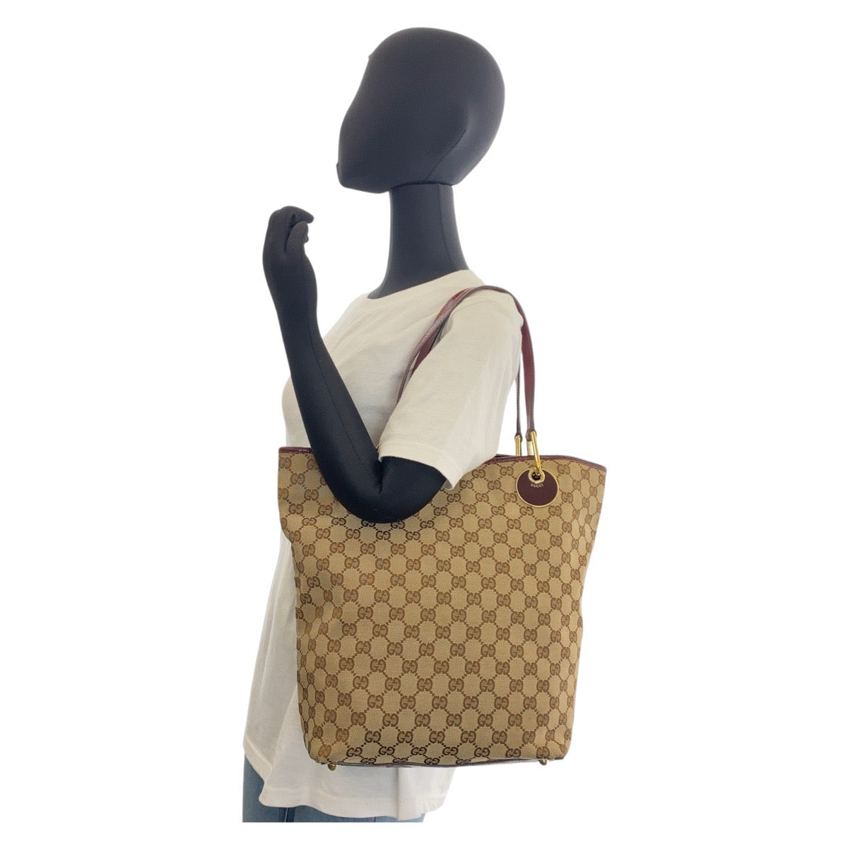 GUCCI Tote Bag 120836 GG canvas, leather Beige Wine Red Gold Metal Tote Bag Shoulder Bag Women Used