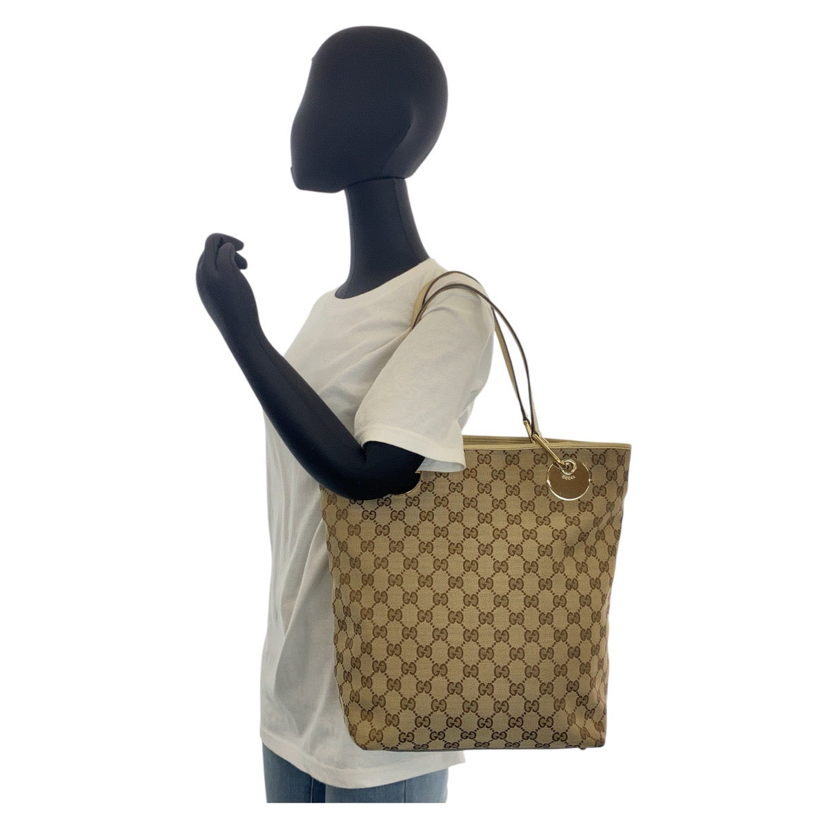 GUCCI Tote Bag 120835 GG canvas, leather Beige White Gold Metal Tote Bag Shoulder Bag Women Used