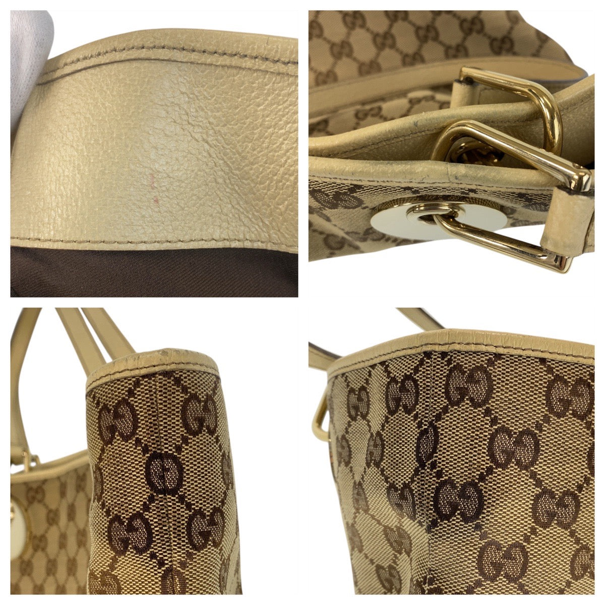 GUCCI Tote Bag 120835 GG canvas, leather Beige White Gold Metal Tote Bag Shoulder Bag Women Used