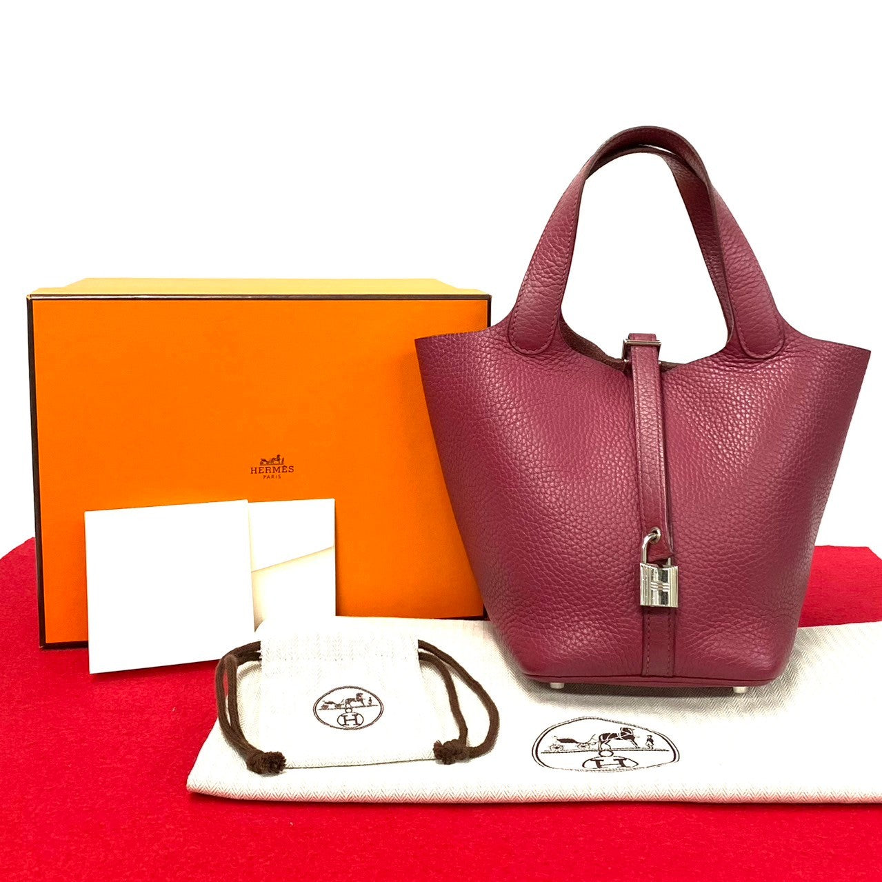 HERMES Handbag Taurillon Clemence Red Picotan Lock PM
