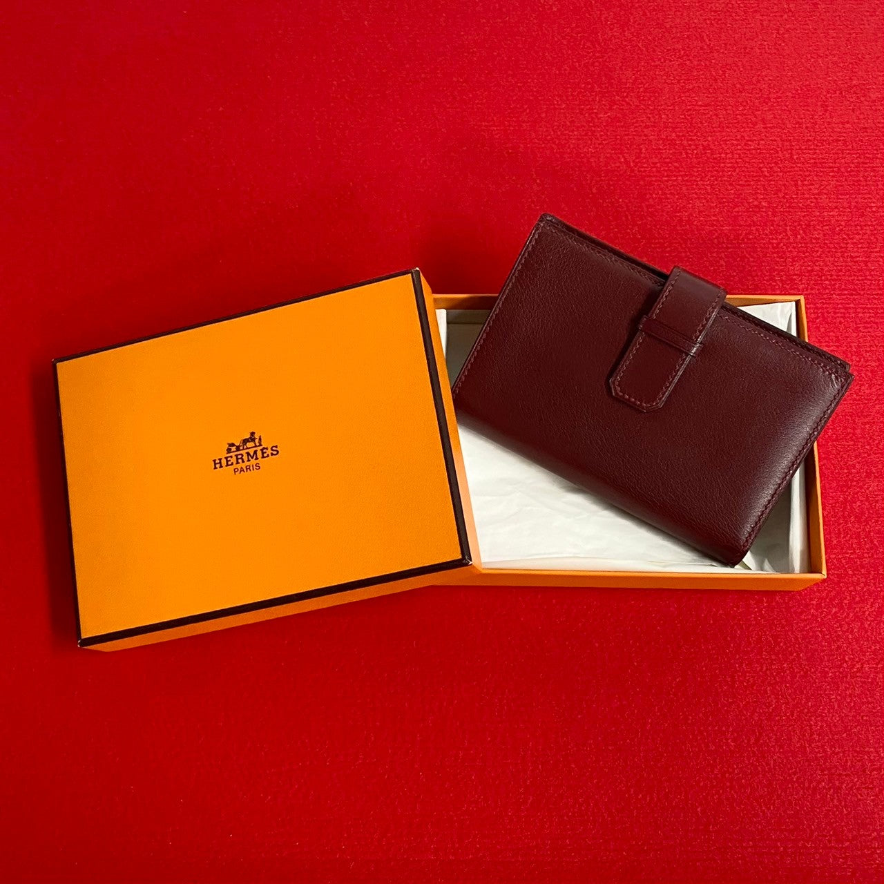 HERMES Bifold Wallet leather wine-red Jura