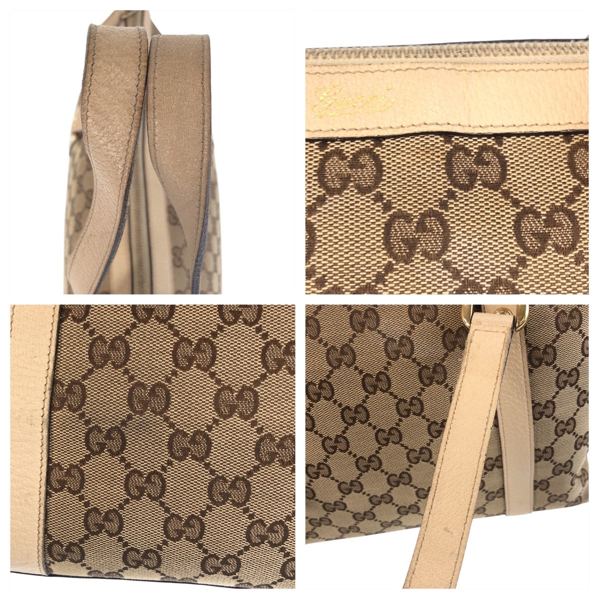 GUCCI Tote Bag 141470 GG canvas, leather Beige White Gold Metal Tote Bag Shoulder Bag Abbey Women Used