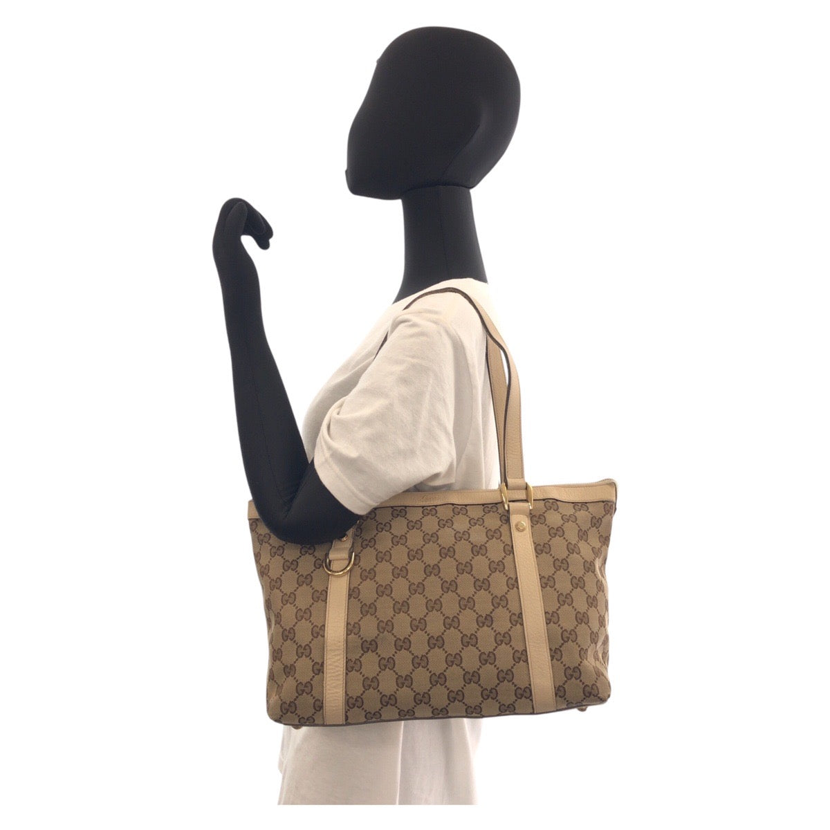 GUCCI Tote Bag 141470 GG canvas, leather Beige White Gold Metal Tote Bag Shoulder Bag Abbey Women Used