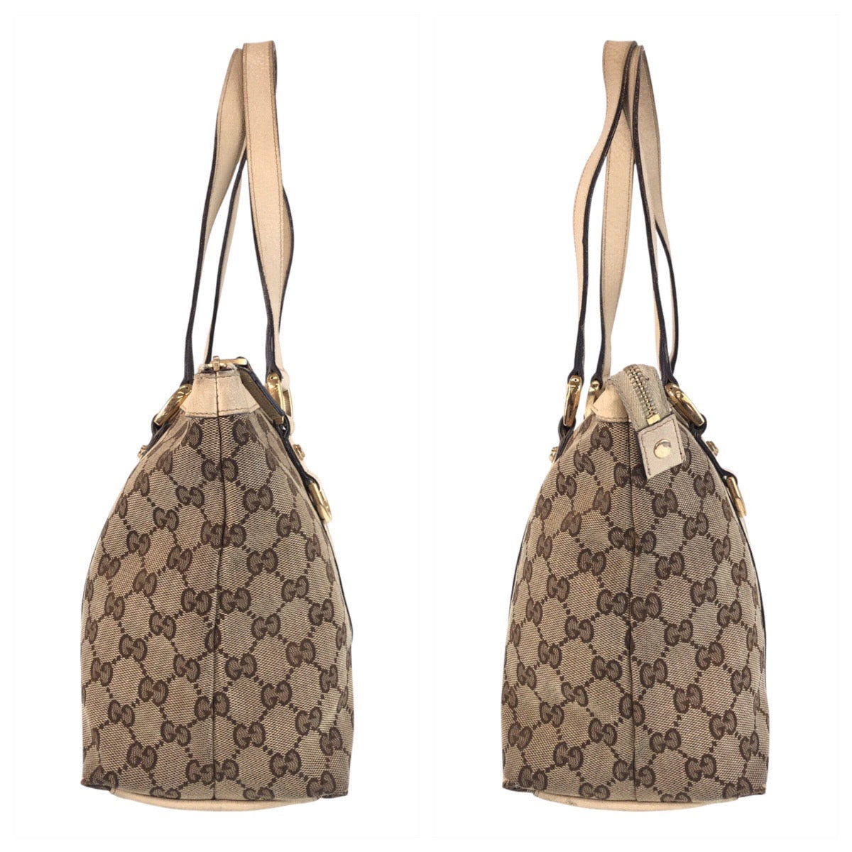 GUCCI Tote Bag 141470 GG canvas, leather Beige White Gold Metal Tote Bag Shoulder Bag Abbey Women Used