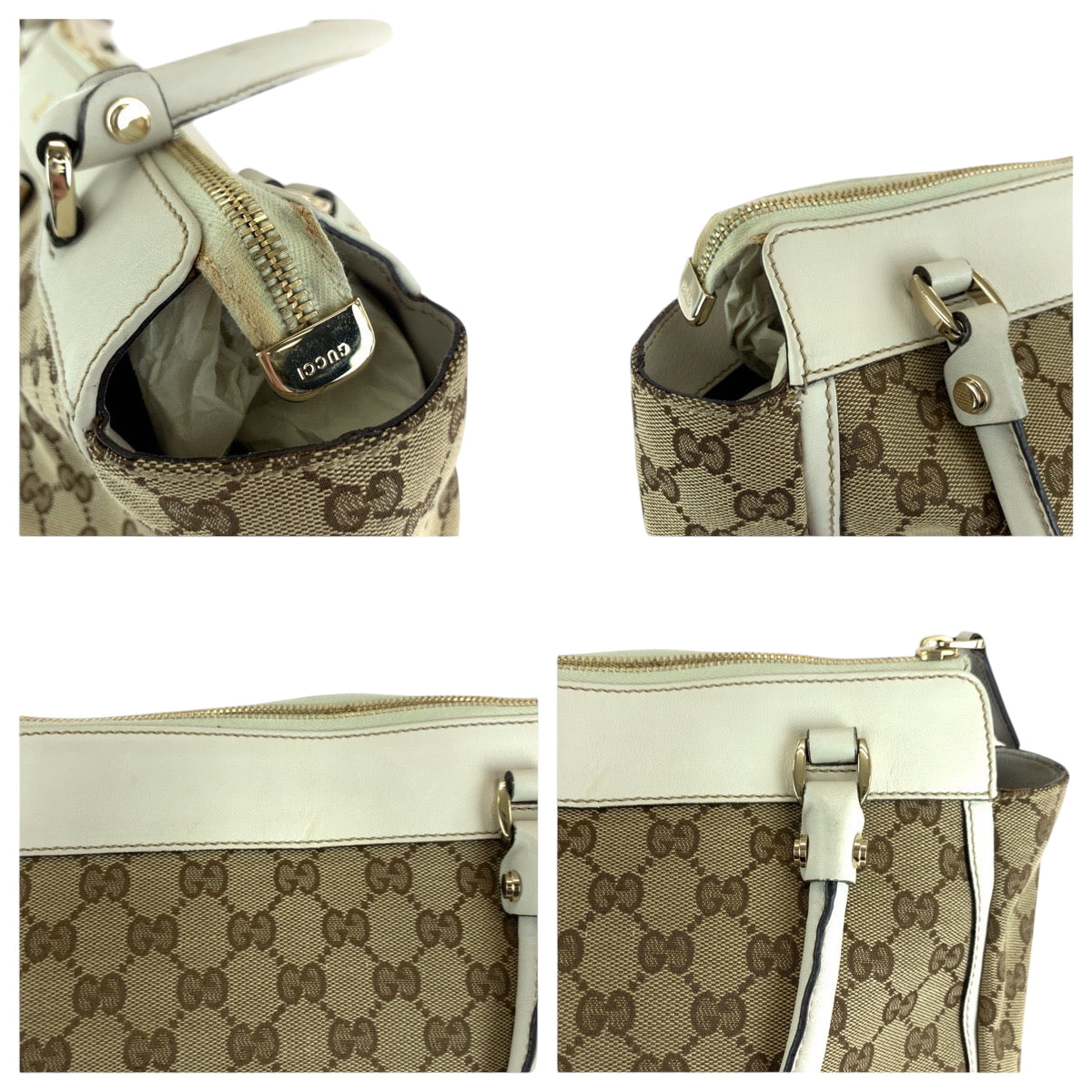 GUCCI Tote Bag 189831 GG canvas Beige White Gold Metal Tote Bag Handbag Shoulder Bag Abbey Women Used