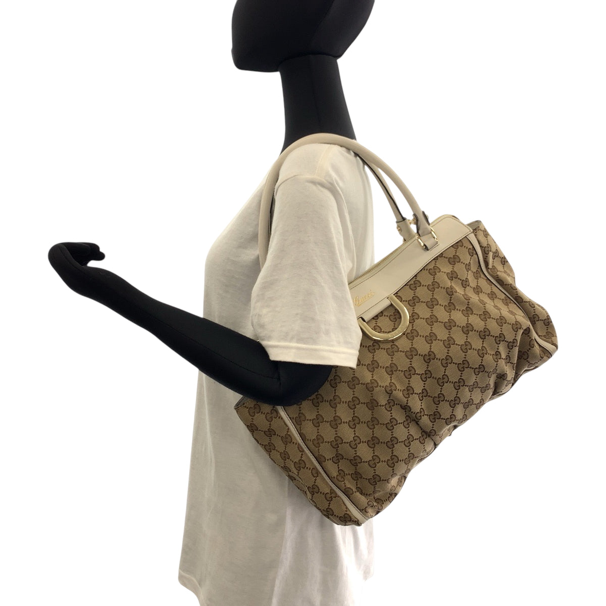 GUCCI Tote Bag 189831 GG canvas Beige White Gold Metal Tote Bag Handbag Shoulder Bag Abbey Women Used