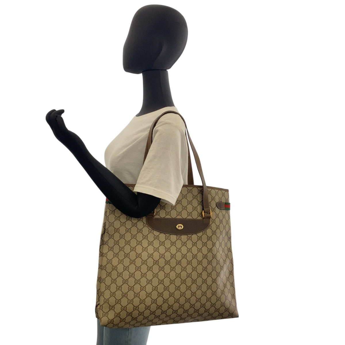 GUCCI Tote Bag 39 02 091 GG Supreme canvas, leather Beige Brown Gold Metal Tote Bag Shoulder Bag Sherry Line Old Gucci Women Used