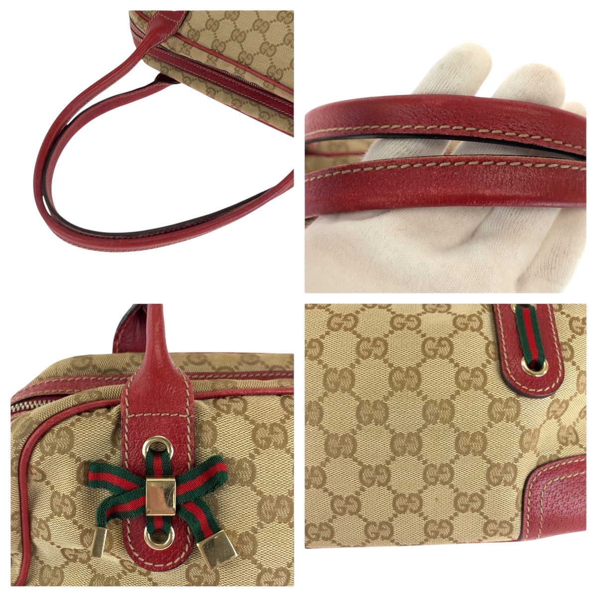 GUCCI Handbag 161720 GG canvas Beige Red Gold Metal Handbags Mini Boston Duffel bag Pretty Sherry Ribbon Women Used
