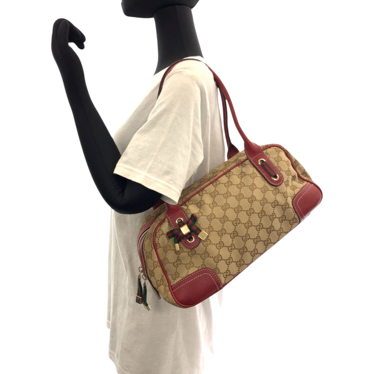 GUCCI Handbag 161720 GG canvas Beige Red Gold Metal Handbags Mini Boston Duffel bag Pretty Sherry Ribbon Women Used