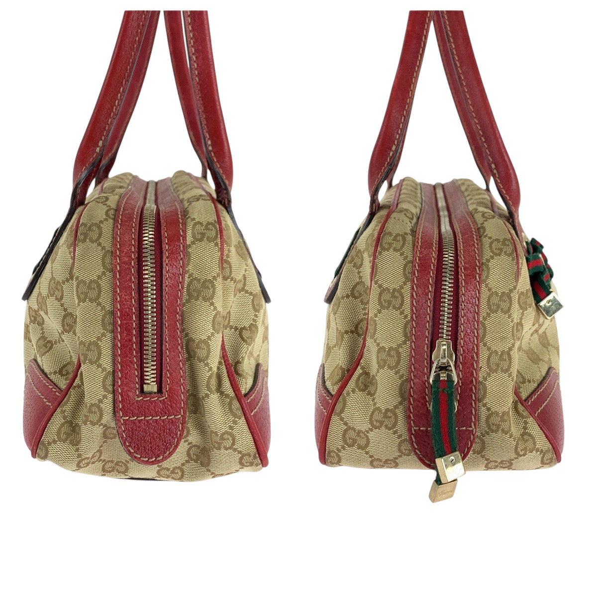 GUCCI Handbag 161720 GG canvas Beige Red Gold Metal Handbags Mini Boston Duffel bag Pretty Sherry Ribbon Women Used