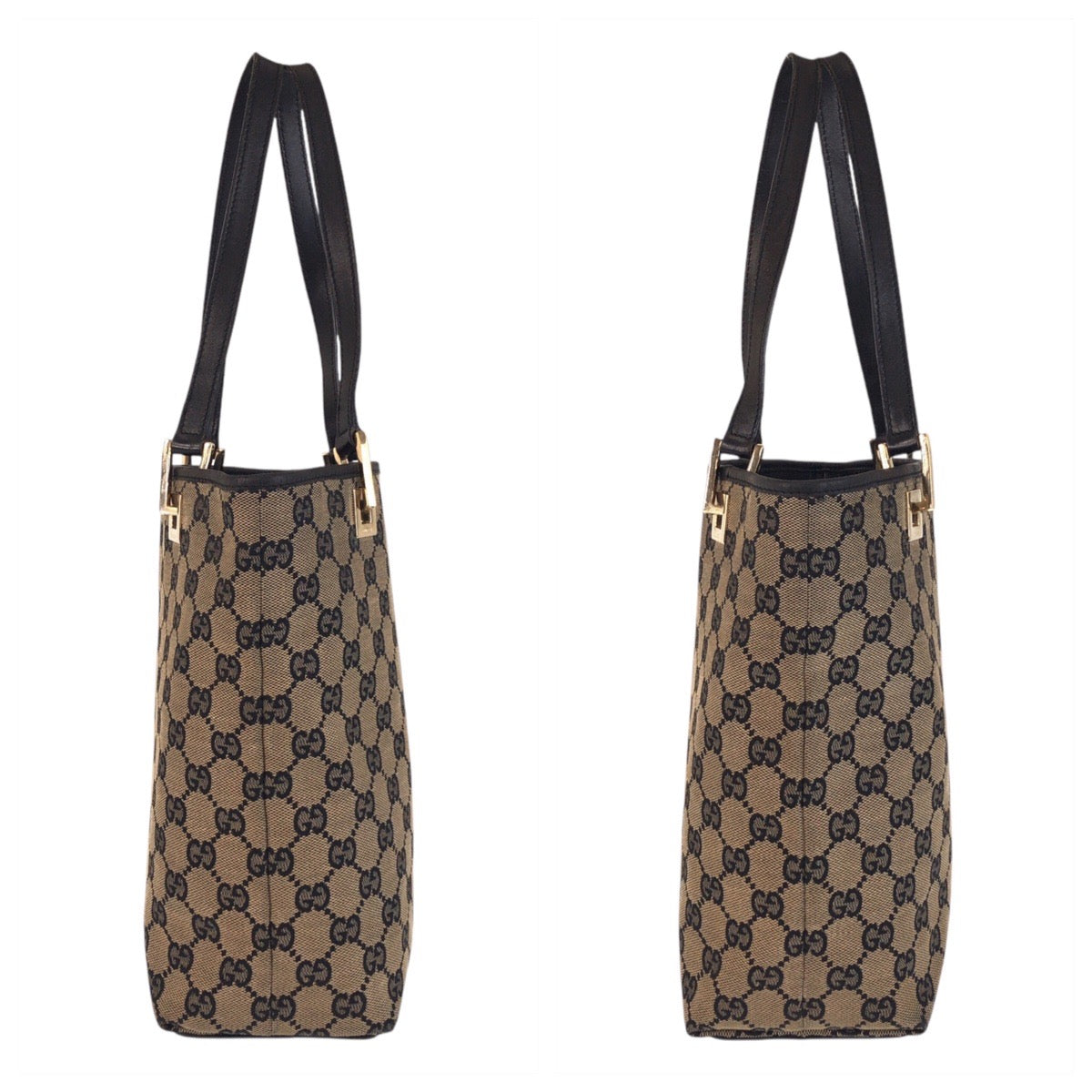 GUCCI Tote Bag 002 1099 GG canvas, leather Beige Black Gold Metal Tote Bag Shoulder Bag Women Used