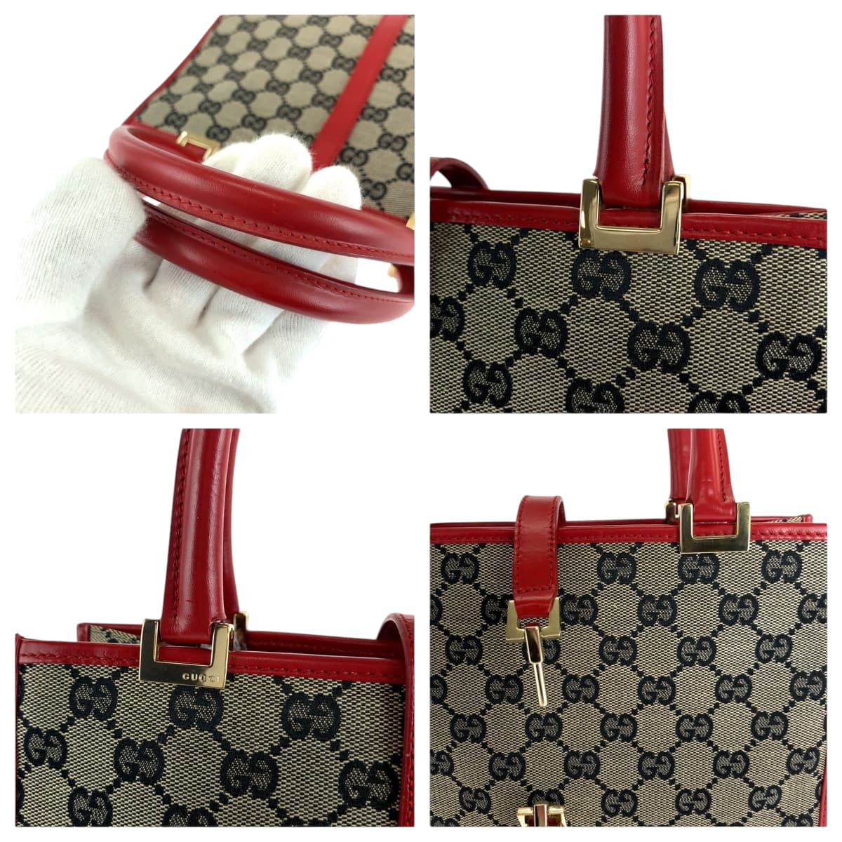 GUCCI Handbag 002 1065 GG canvas Gray Red Gold Metal Handbag Tote Bag Jackie Women Used