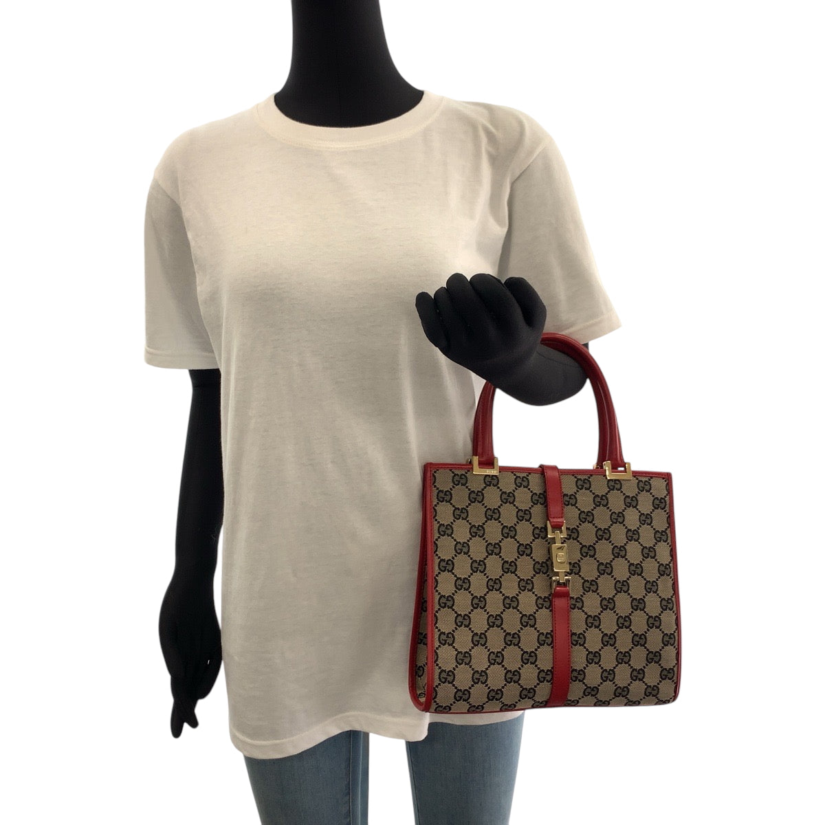 GUCCI Handbag 002 1065 GG canvas Gray Red Gold Metal Handbag Tote Bag Jackie Women Used
