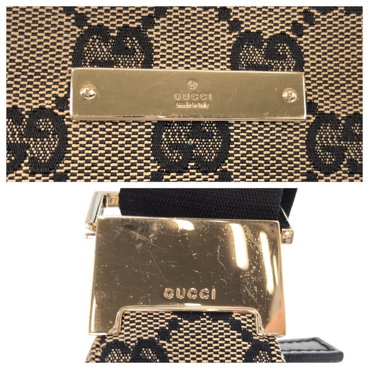 GUCCI Shoulder Bag 019 0433 GG canvas Beige Black Gold Metal Shoulder Bag pochette Women Used