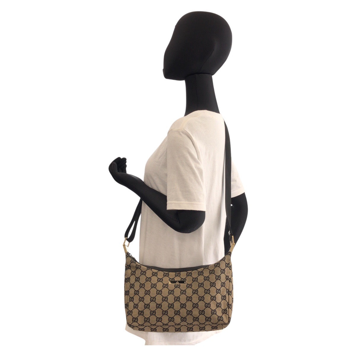 GUCCI Shoulder Bag 019 0433 GG canvas Beige Black Gold Metal Shoulder Bag pochette Women Used
