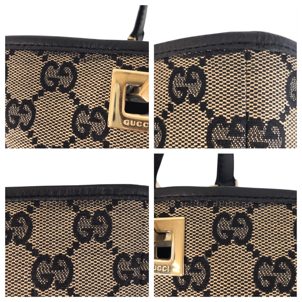 GUCCI Tote Bag 002 1099 GG canvas, leather Beige Black Gold Metal Tote Bag Shoulder Bag Women Used