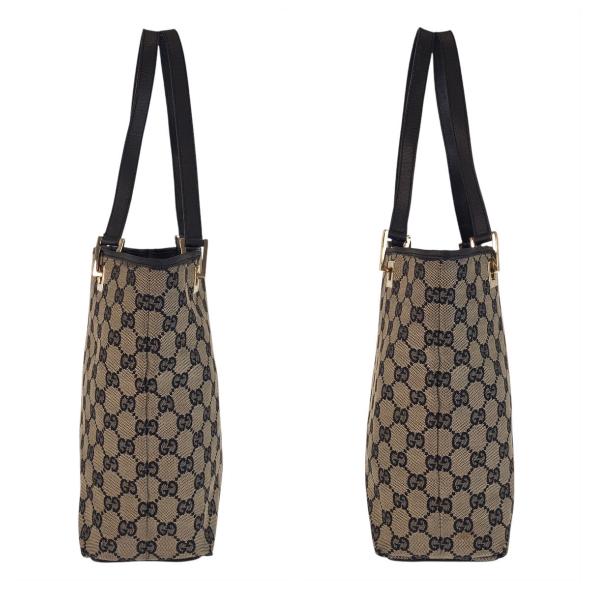 GUCCI Tote Bag 002 1099 GG canvas, leather Beige Black Gold Metal Tote Bag Shoulder Bag Women Used