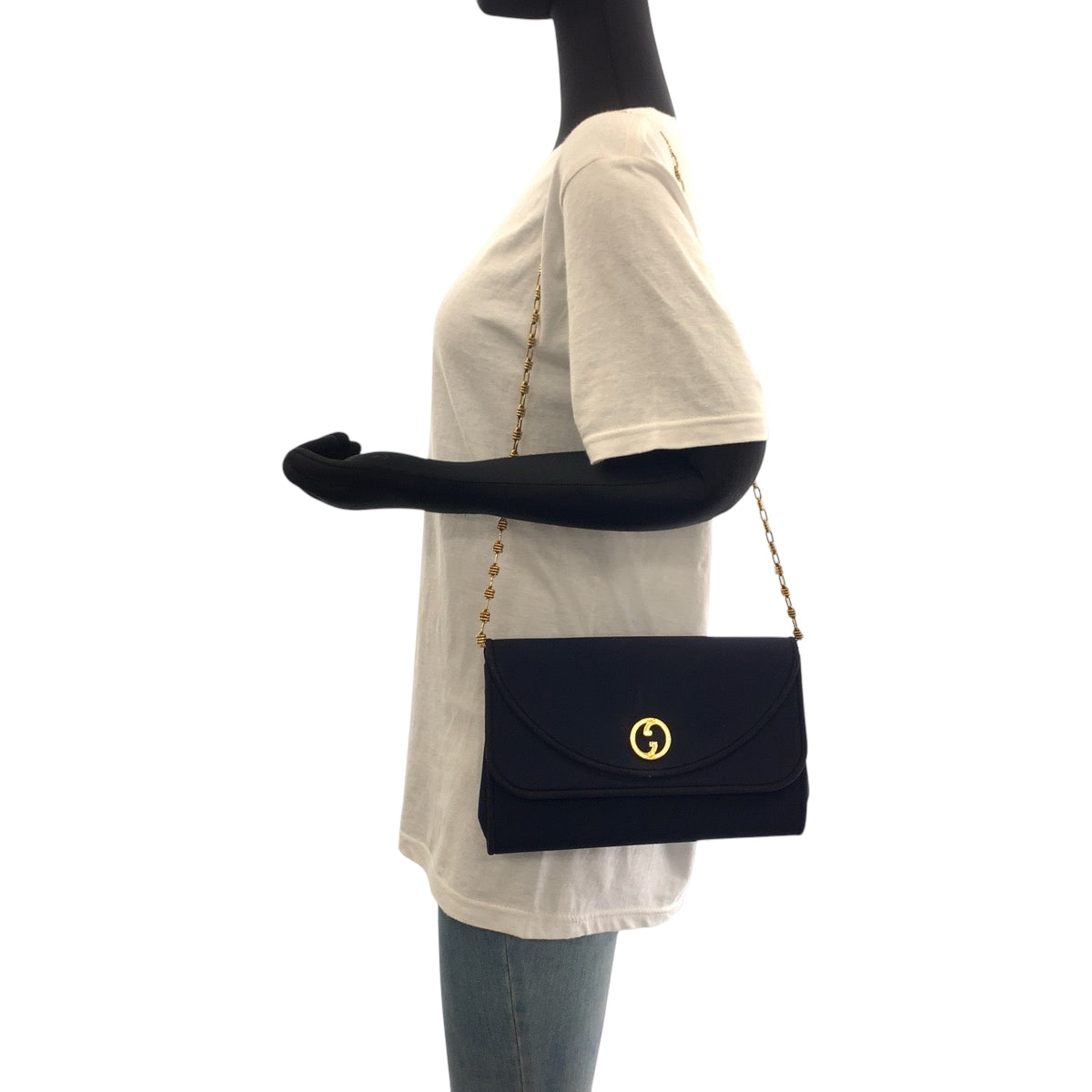 GUCCI Shoulder Bag canvas Navy Gold Metal ChainShoulder Bag Shoulder Old Gucci Women Used