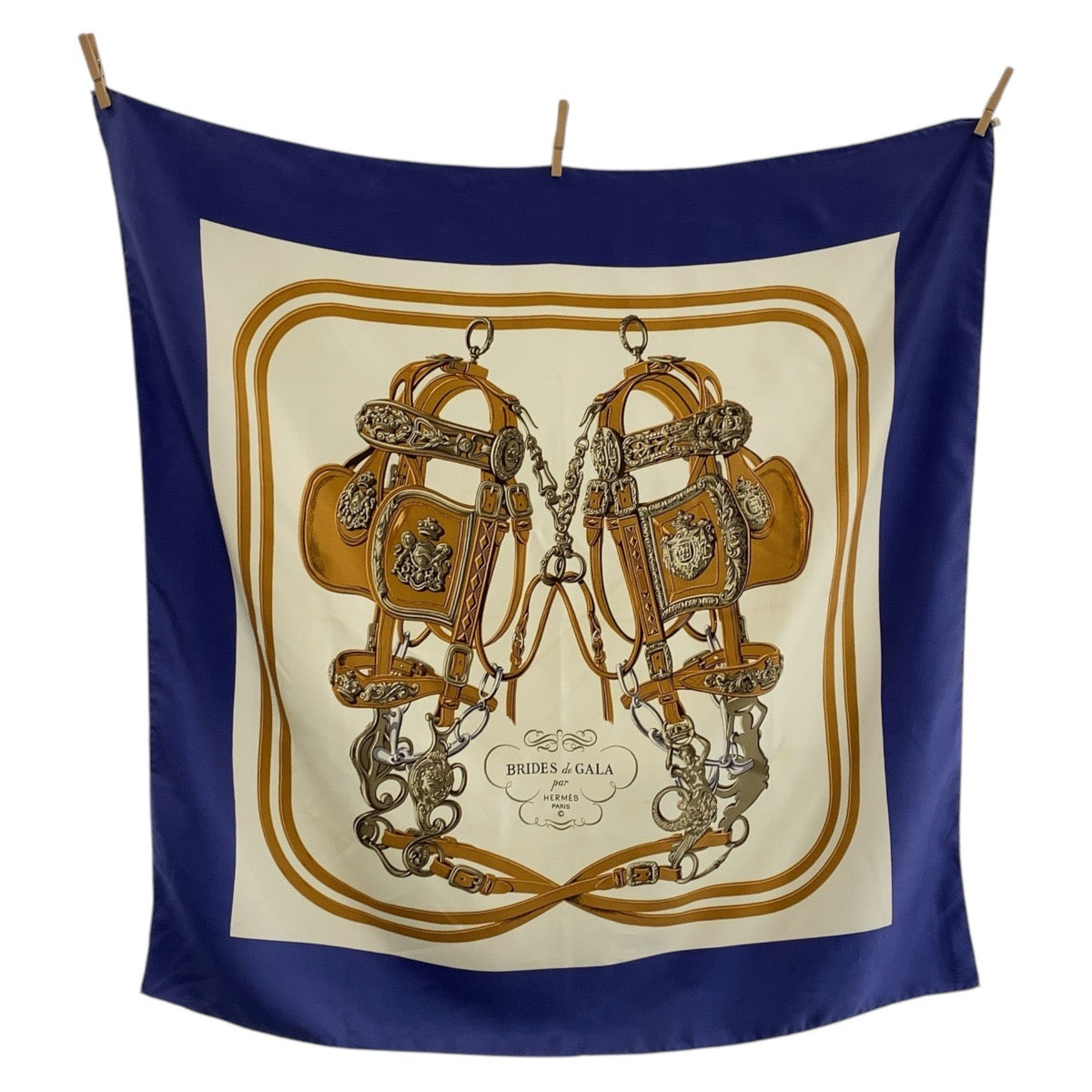 HERMES scarf silk Navy multi-color BRIDES de GALA Ceremony Bridle Carre90